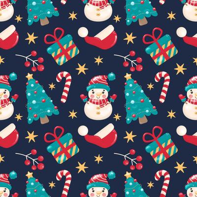 Seamless Christmas pattern with snowmen, gift boxes, Santa hats, trees, candy canes, and stars. Bright festive design on dark background, great for wrapping paper and holiday decor.