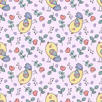 Seamless pattern with cute singing birds, heart flowers, and musical notes on a soft pink background. Hand drawn doodle style, perfect for kids fabric and spring design. vector