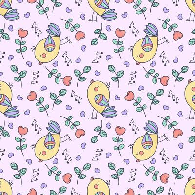 Seamless pattern with cute singing birds, heart flowers, and musical notes on a soft pink background. Hand drawn doodle style, perfect for kids fabric and spring design.