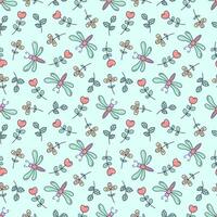 Seamless pattern with dragonfly and plants in doodle style in pastel colors Ideal for childrens textiles, gift wrap, and spring decor. On a light green background vector