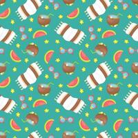Seamless summer pattern featuring beach towels, coconuts with straws, watermelon slices, sunglasses with flowers, and tropical yellow flowers on a bright blue background. Hand-drawn style. vector