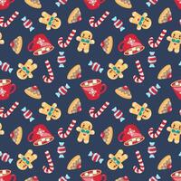 Seamless Christmas pattern with gingerbread men, candy canes, mugs, sweets, and pie slices. Bright hand drawn style on dark blue background. Perfect for wrapping paper, textiles, and decor. vector