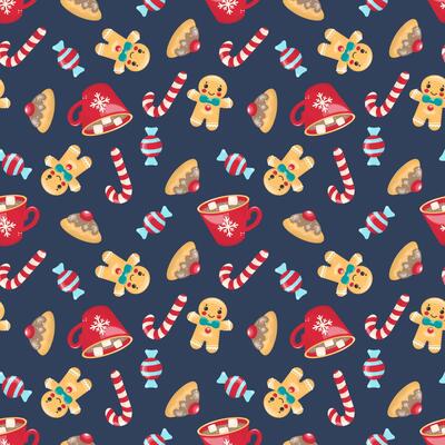 Seamless Christmas pattern with gingerbread men, candy canes, mugs, sweets, and pie slices. Bright hand drawn style on dark blue background. Perfect for wrapping paper, textiles, and decor.