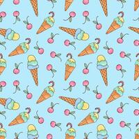 Cute seamless pattern with colorful ice cream cones and cherries. Hand-drawn doodle style, perfect for kids, summer products, wrapping paper, textile, and party decoration. On a blue background vector
