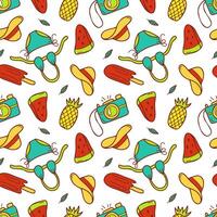 Bright seamless summer pattern with bikinis, hats, cameras, pineapples, watermelon slices, and ice cream. Fun hand drawn design perfect for beachwear, vacation prints, and textiles. vector