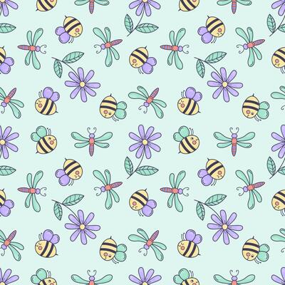 Cute seamless pattern with flowers, bees, and dragonflies in doodle style, in pastel colors, on a green background. Perfect for fabric, wallpaper, gift wrap, stationery, and kids' products.