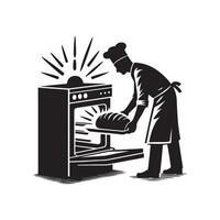 A black and white illustration of a man putting bread in an oven vector