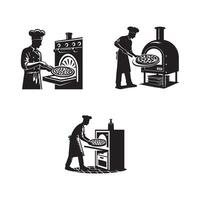 Pizza chef and pizza oven icon set vector