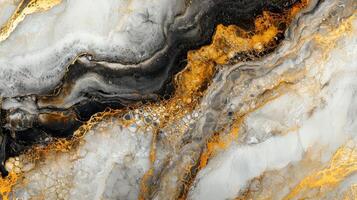 Exquisite abstract marble texture features swirling patterns in black, white, and gold. The elegant design highlights the natural beauty and complexity of stone photo