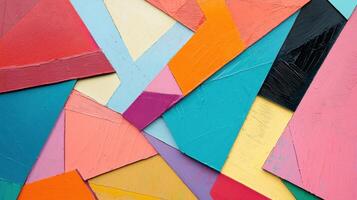 A dynamic arrangement of geometric shapes in various vibrant colors creates an engaging abstract composition. The textured surface enhances the visual depth photo