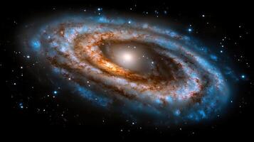 A magnificent spiral galaxy is on display, revealing its intricate structure with glowing arms and a bright core. This cosmic beauty showcases vibrant hues against the dark backdrop of space photo
