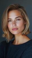 A beautiful blonde woman with freckles and a blue sweater photo