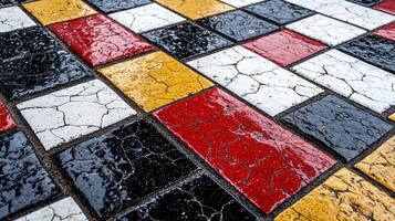 A mosaic tile floor with black, white, and red tiles photo