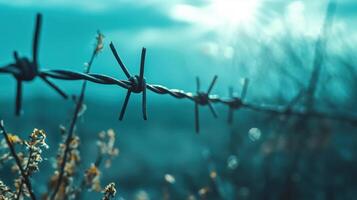 Barbed wire fence with sun shining through it photo