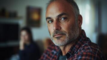 A man with a beard and gray hair is standing in front of a woman photo