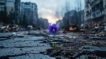A single purple flower growing out of the ground in a city photo