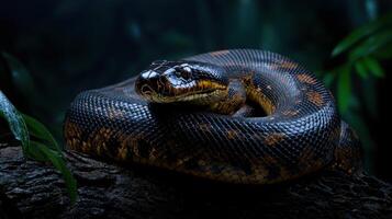 A snake is sitting on a branch in the dark photo