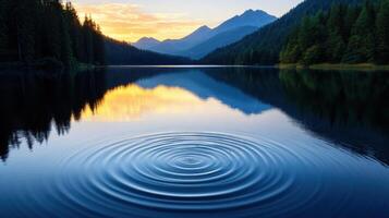 A serene lake captures the vibrant colors of sunset as mountains loom in the background. Ripples spread across the water, enhancing the tranquil scene among the trees photo