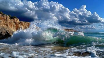A wave breaking on the beach with a cloudy sky photo