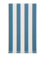 A blue and white striped beach towel with fringe on a transparent background in a studio setting png