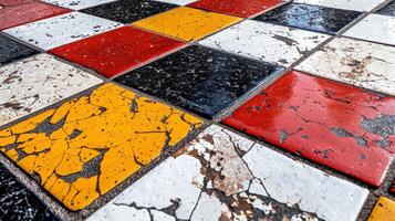 A checkered tile floor with a mix of red, yellow, and black tiles photo