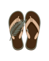 Brown flip flops with palm leaf on transparent background for summer vacation and beach holiday vibes png