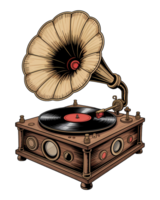 Vintage gramophone with a large horn speaker playing a vinyl record on a transparent background png