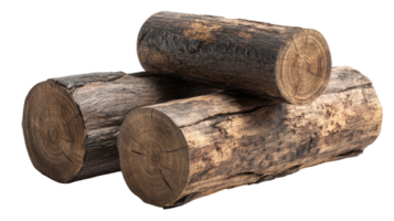 Pile of three logs with visible tree rings and bark texture on a transparent background png