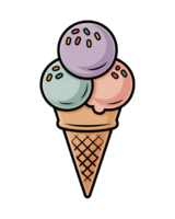 Cartoon ice cream cone with three scoops of different flavors on a transparent background image design png