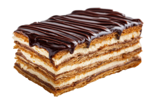 Close up of a layered pastry with cream filling and chocolate ganache on top against a transparent background png