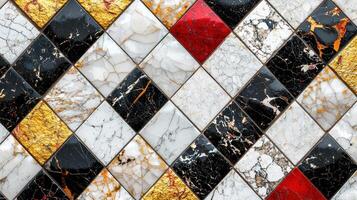 A mosaic tile pattern with black, white, and gold tiles photo