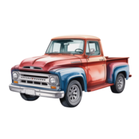 Illustration of a classic red and blue pickup truck with a vintage aesthetic on a transparent background png