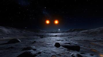 A surreal extraterrestrial landscape reveals two bright suns casting shadows on rocky terrain under a starry night sky. A distant star twinkles in the background, enhancing the cosmic atmosphere photo