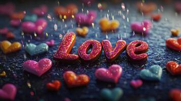 Colorful candy hearts surround a vibrant 'Love' lettering, creating a delightful festive atmosphere. This joyful arrangement embodies warmth and affection, ideal for romantic events photo