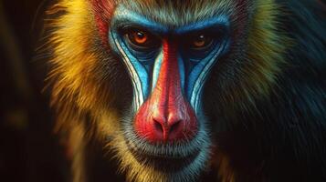 A mandrill with striking facial features and bright colors engages observers with its intense gaze. This moment captures the beauty of wildlife in a natural environment photo