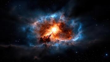 A vibrant celestial explosion unfolds in deep space, showcasing swirling clouds of gas and dust illuminated by brilliant stars. This cosmic spectacle reveals the beauty of the universe photo