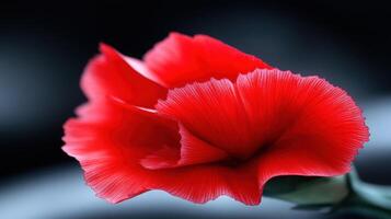A striking red carnation stands out with its delicate petals. The flower is captured in a close-up, highlighting its rich color and fine details, set against a soft, dark backdrop photo