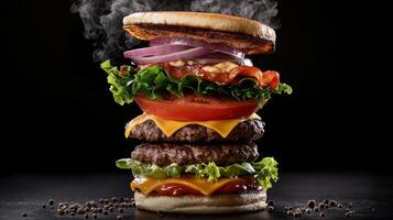 A large hamburger with cheese, lettuce, tomato and onion photo