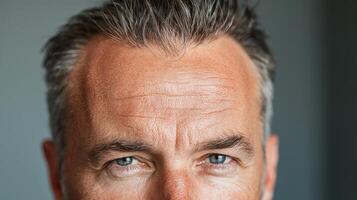 A man with a gray shirt and blue eyes photo