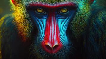 A colorful monkey with a red face and blue eyes photo