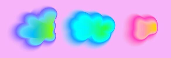 Set color neon irregular blob gradient, blend gradation. Abstract colorful blur shapes on light pink background. Abstract y2k pop design elements Aura concept with glow effect illustration vector