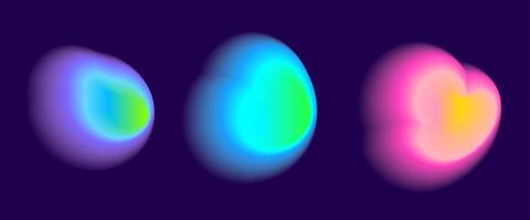 Set color neon irregular blob gradient blend gradation. Abstract colorful blur shapes on dark violet background. Abstract y2k pop design elements Aura concept with glow effect illustration. vector