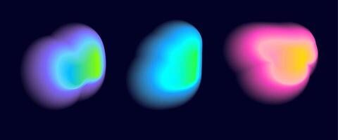 Set color neon irregular blob gradient, blend gradations. Abstract colorful blur shapes on dark blue background. Abstract y2k pop design elements Aura concept with glow effect illustration. vector