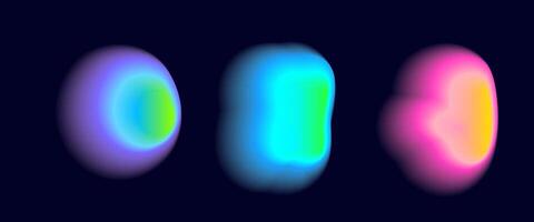 Set color neon irregular blob gradient, blend gradation Abstract colorful blur shapes on dark blue background. Abstract y2k pop design elements Aura concept with glow effect illustration. vector
