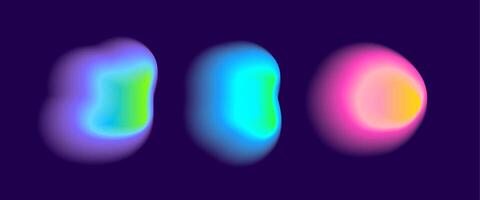 Set color neon irregular blob gradient, blend gradation. Abstract colorful blur shapes on dark violet background. Abstract y2k pop design elements Aura concept with glow effect illustration vector