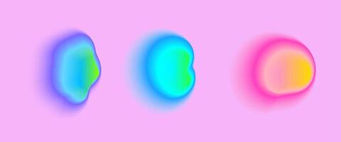 Set color neon irregular blob gradient, blend gradation Abstract colorful blur shapes on light pink background. Abstract y2k pop design elements Aura concept with glow effect illustration. vector