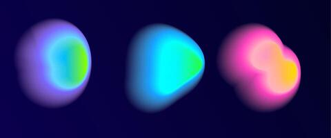 Set color neon irregular blobs gradients, blend gradation. Abstract colorful blur shapes on dark blue background. Abstract y2k pop design elements Aura concept with glow effect illustration. vector