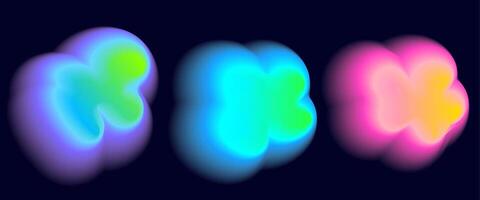 Set color neon irregular blob gradient blend gradation. Abstract colorful blur shapes on dark blue background. Abstract y2k pop design elements Aura concept with glow effect illustration. vector