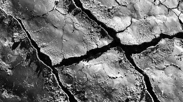 Black and white photo of cracked ground