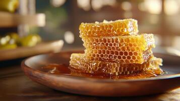 A plate of honeycomb is sitting on a wooden table photo